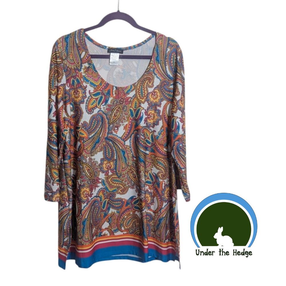 Slinky Brand Multi Paisley 3/4 Sleeve Tunic Top | Size XL | Boho Chic Stretch